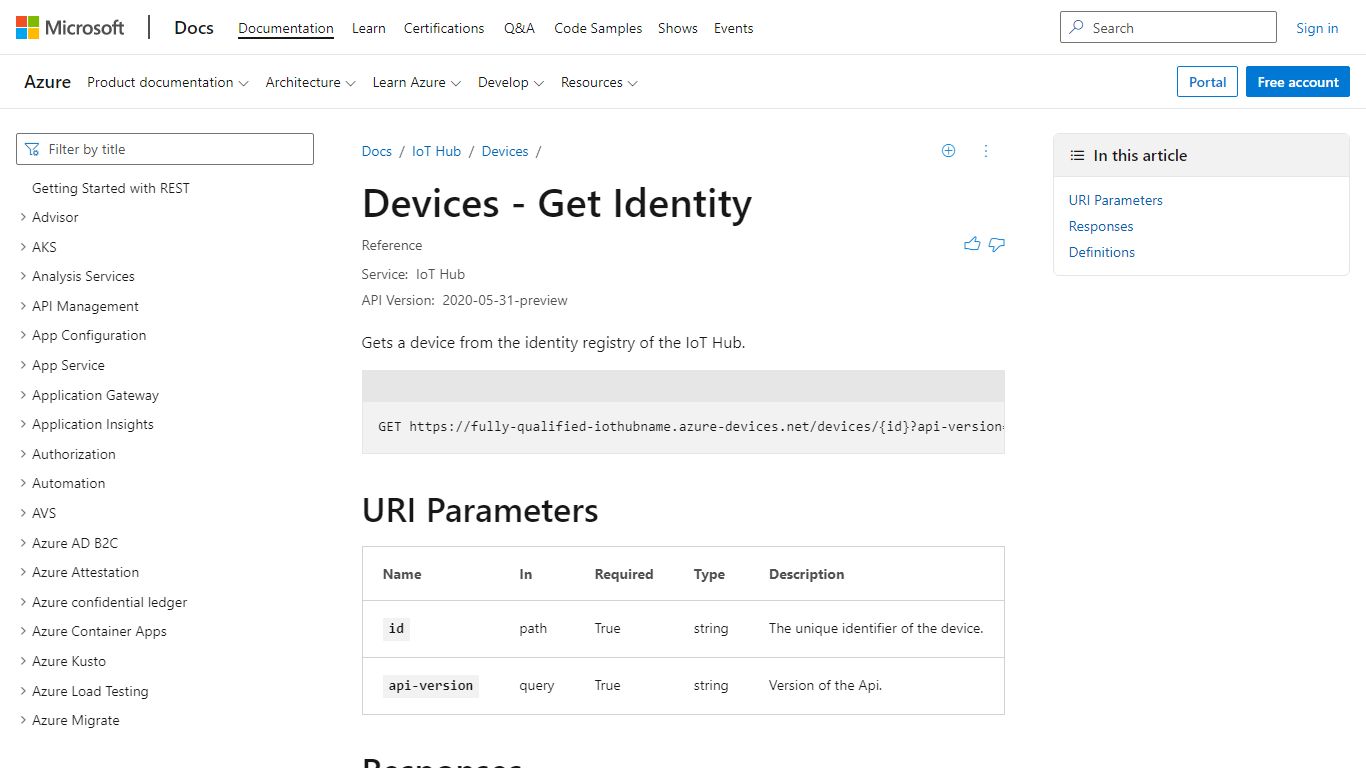 Devices - Get Identity - REST API (Azure IoT Hub) | Microsoft Docs