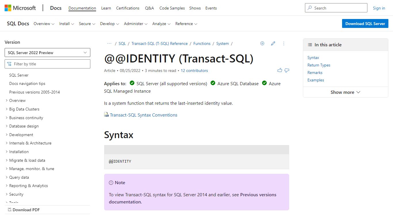 @@IDENTITY (Transact-SQL) - SQL Server | Microsoft Docs