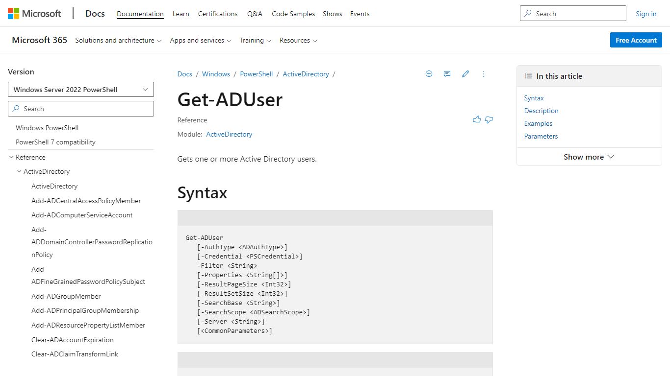 Get-ADUser (ActiveDirectory) | Microsoft Docs
